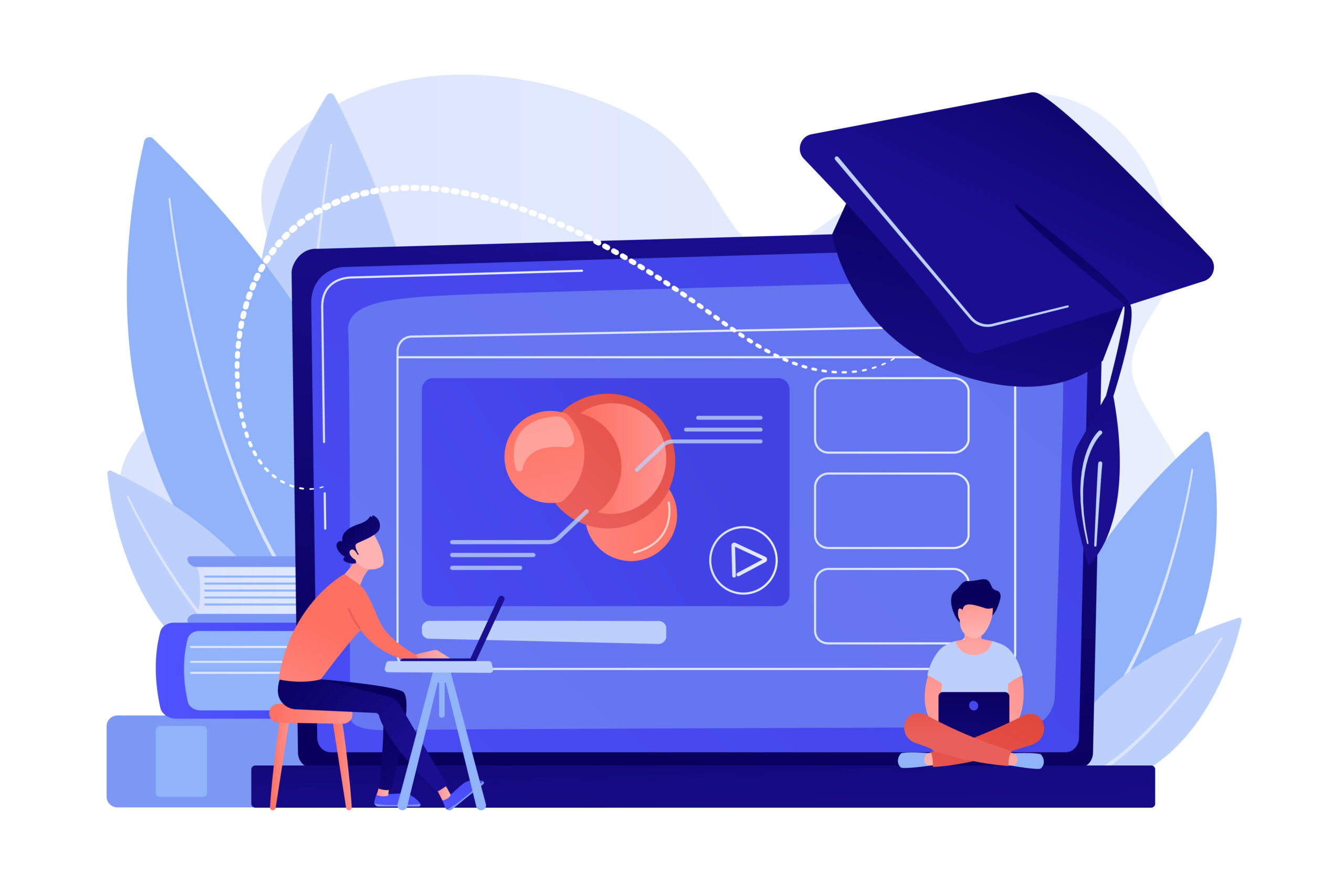 Students using e-learning platform video on laptop and graduation cap. Online education platform, e-learning platform, online teaching concept. Pinkish coral bluevector isolated illustration